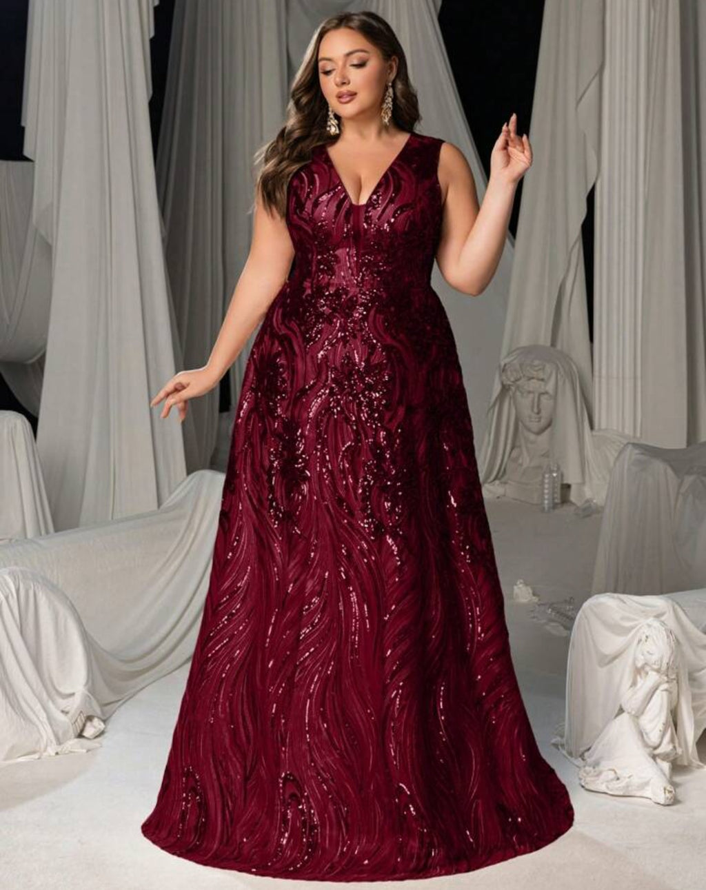 Vestido vino lentejuelas escote en V
