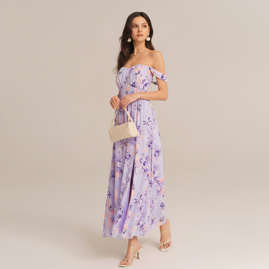 Vestido lila con estampado floral