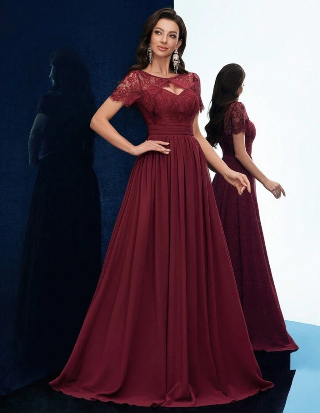 Vestido vino encaje y falda chiffon