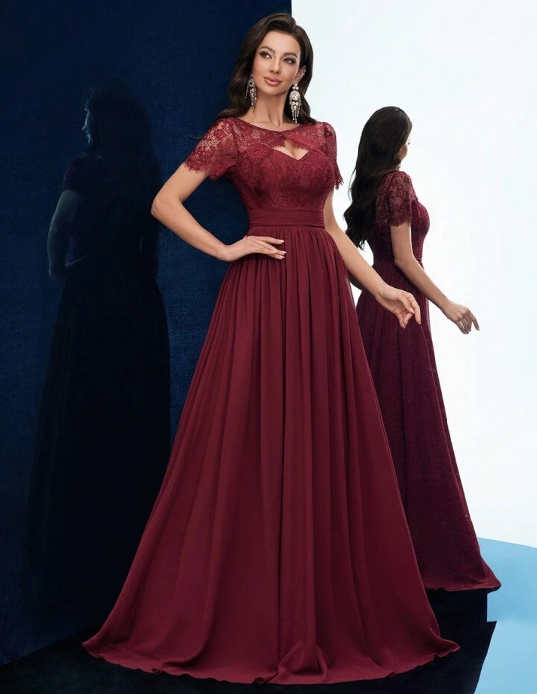 Vestido vino encaje y falda chiffon