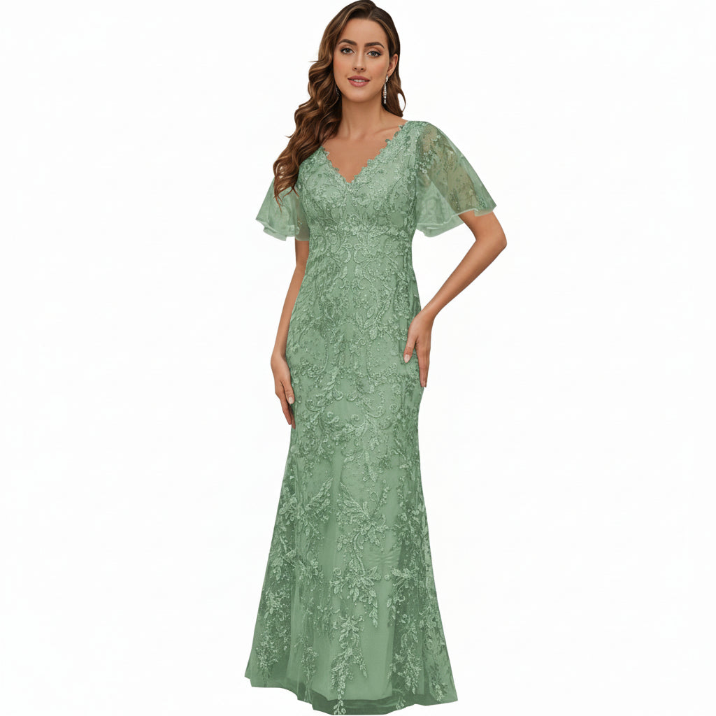 Vestido verde sage aplicación bordada floral manga corta