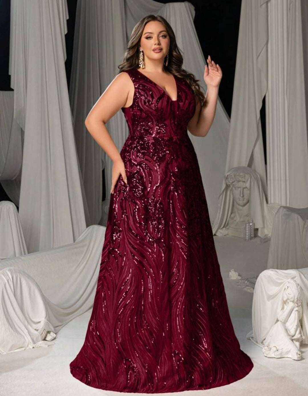Vestido vino lentejuelas escote en V