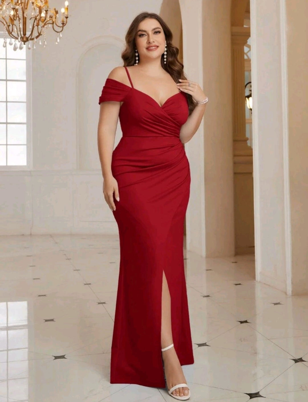Vestido rojo cherry off-the-shoulder corte recto