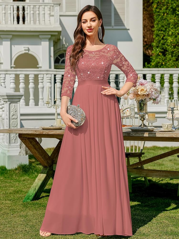 Vestido rosa canela encaje lentejuelas y falda chiffon