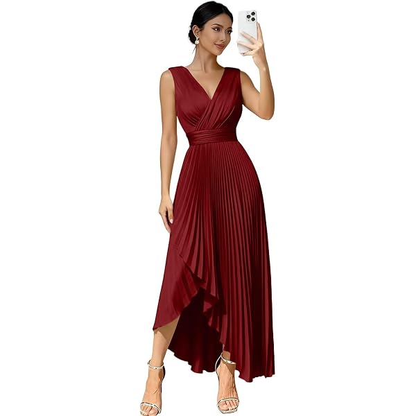 Vestido vino satinado plisado asimétrico corsé ajustable