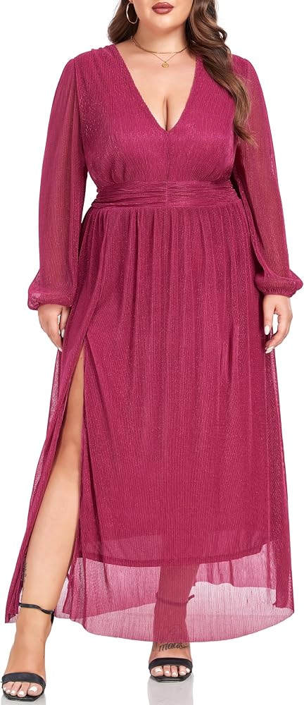 Vestido Mangenta oscuro con brillo manga larga y abertura lateral
