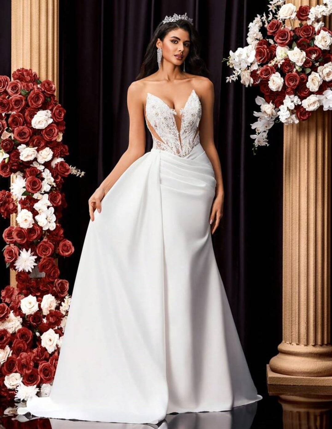 Vestido de Novia y Gala Sirena con Corpiño de Encaje Ilusión y Falda Drapeada