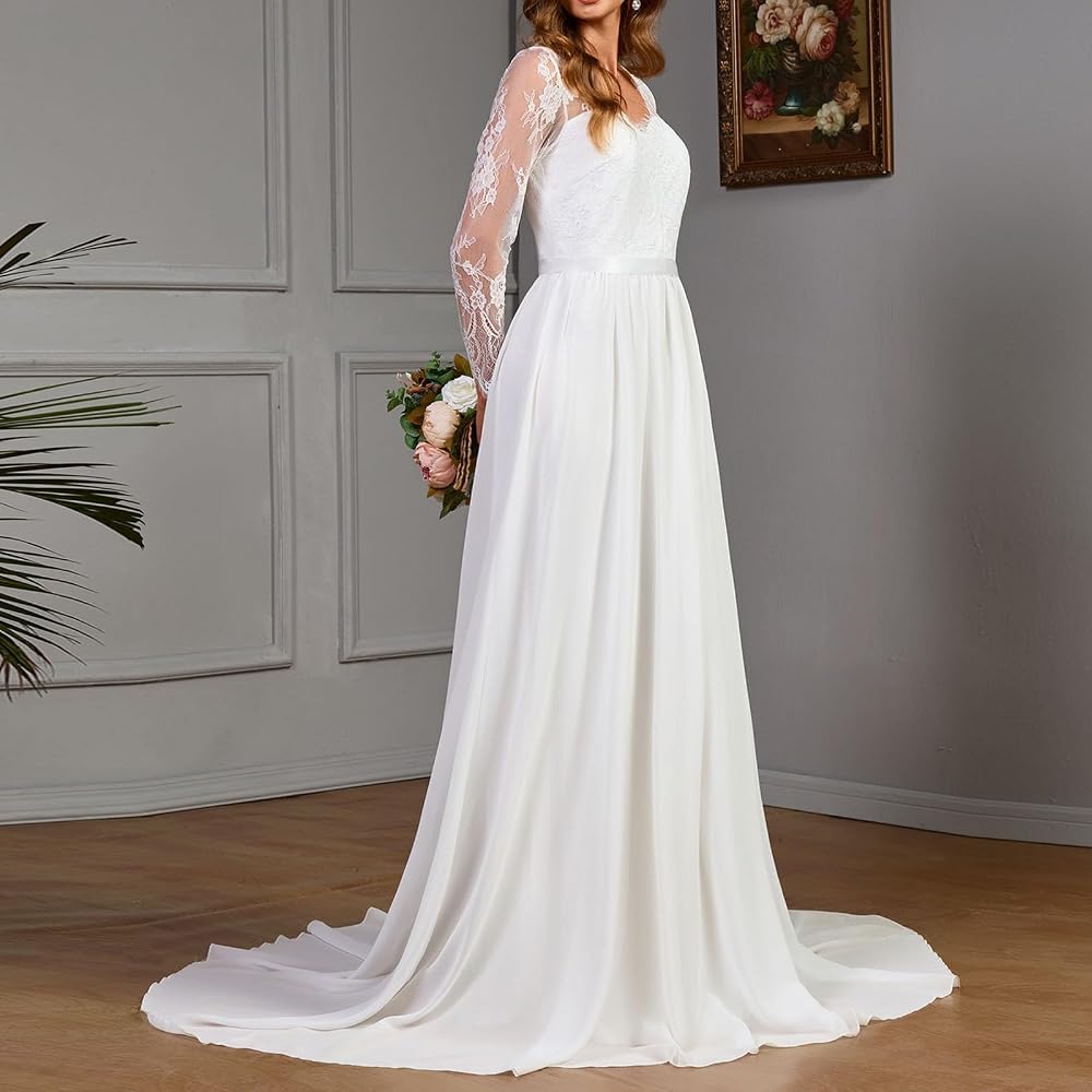 Vestido blanco manga larga encaje y falda chiffon