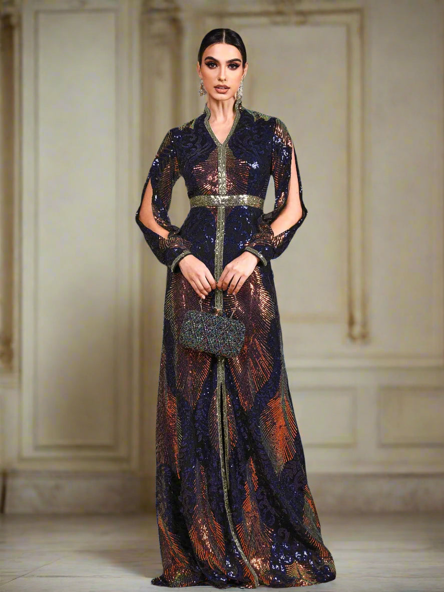 Vestido lentejuelas azul y tornasol manga larga