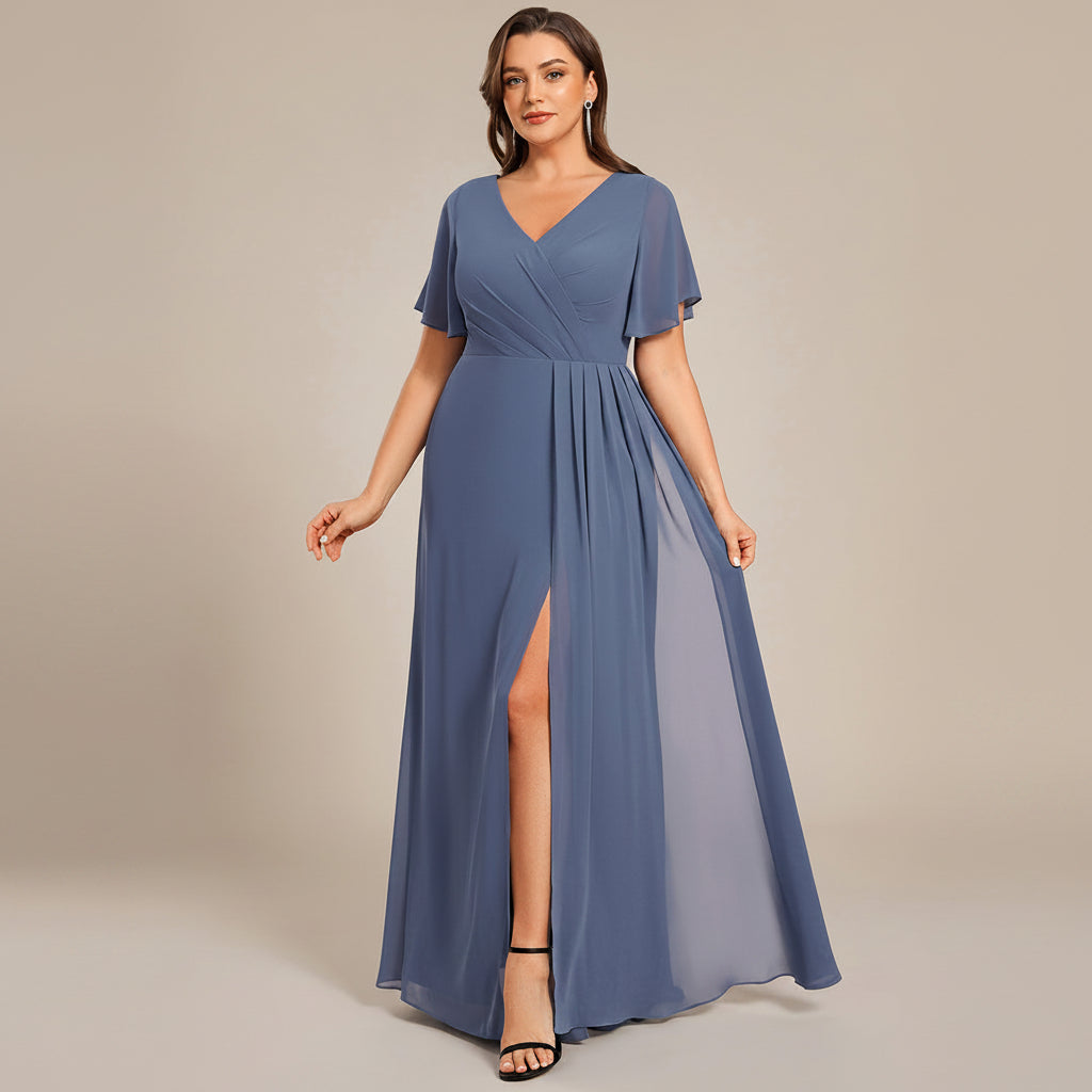 Vestido dusty blue corte A manga corta con abertura lateral