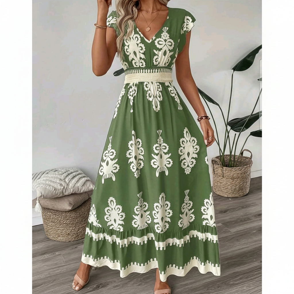 Vestido casual verde con estampado bohemio