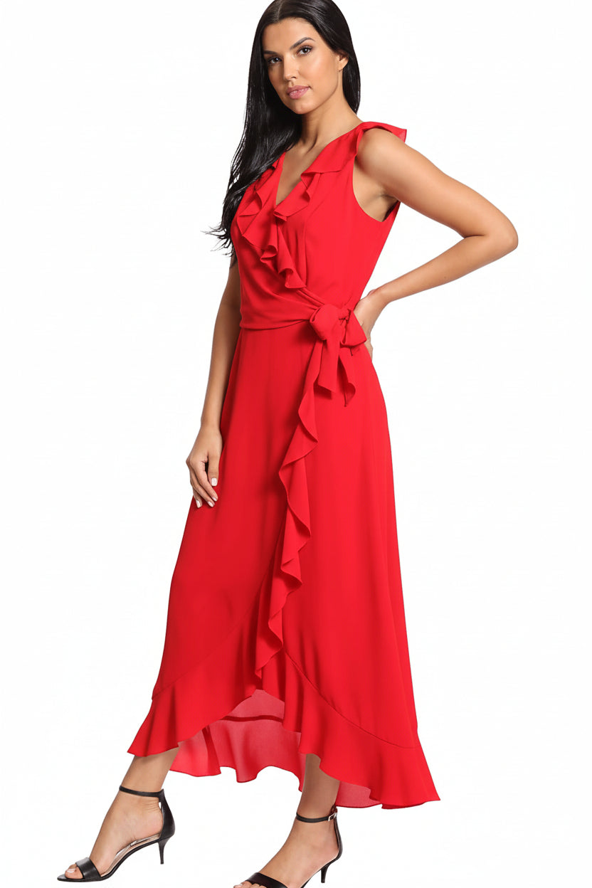 Vestido rojo largo sin manga con peplum