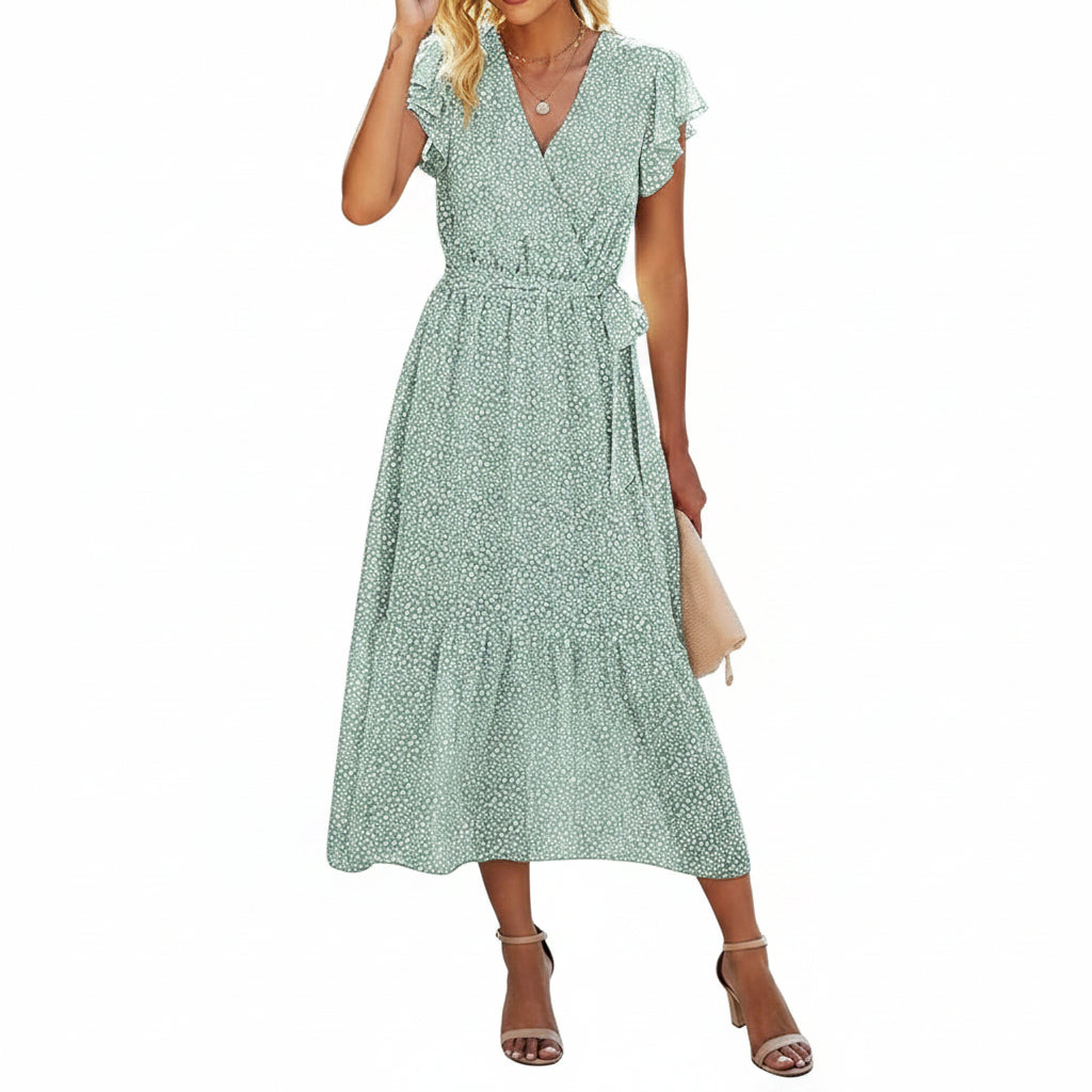 Vestido casual verde sage print blanco corte A