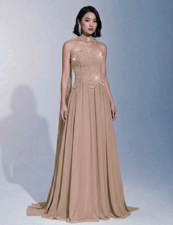 Vestido color beige oscuro straple falda corte A con capa