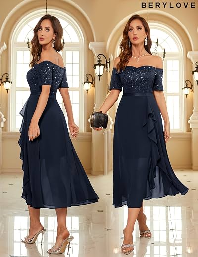 Vestido azul marino encaje lentejuelas manga off-the-shoulder