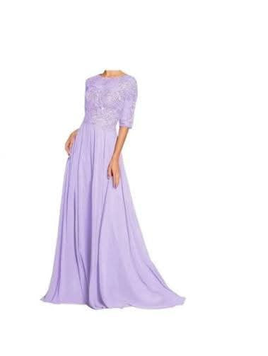 Vestido lila manga 3/4 con aplicación y falda chiffon