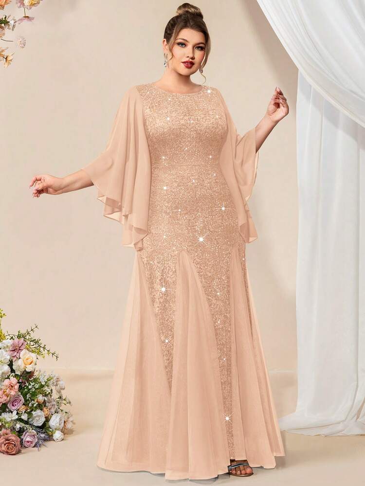 Vestido encaje lentejuelas corte sirena manga mariposa