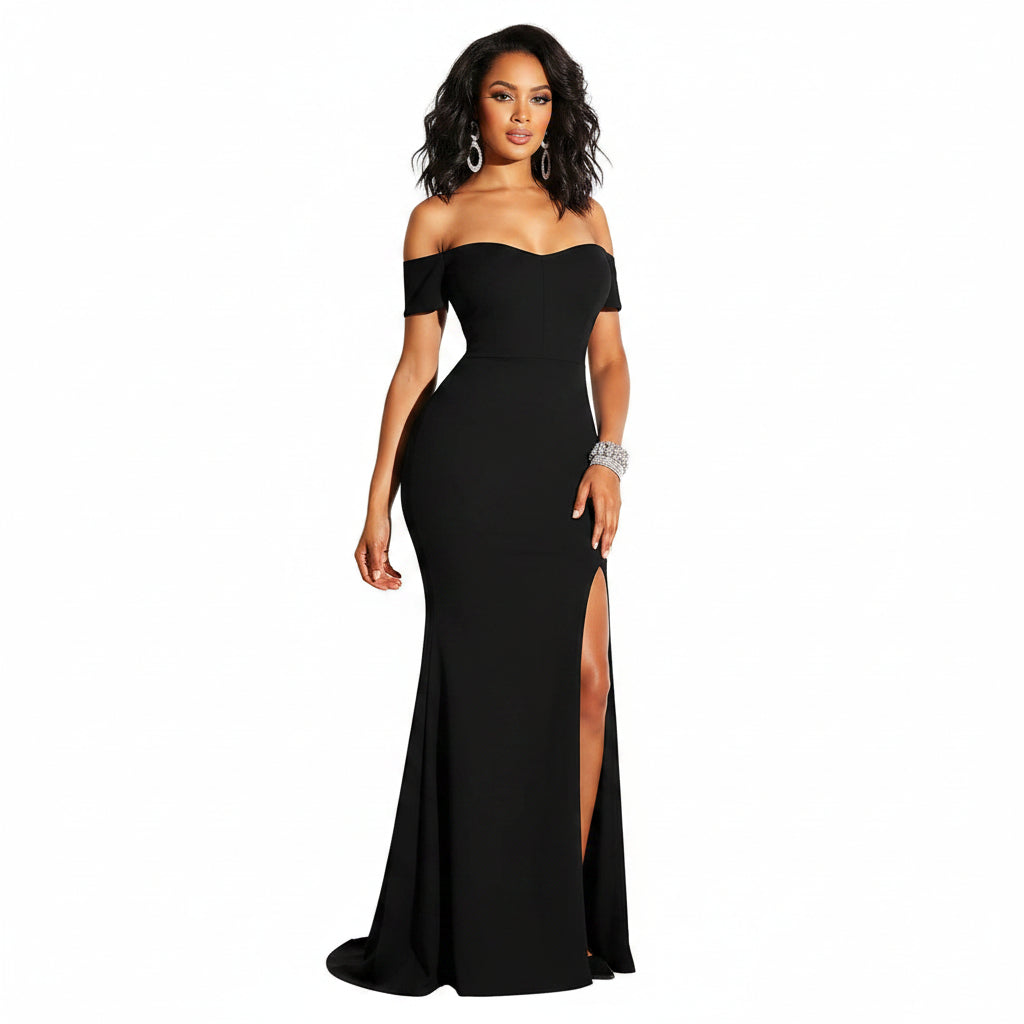 Vestido negro off-the-shoulder con abertura lateral