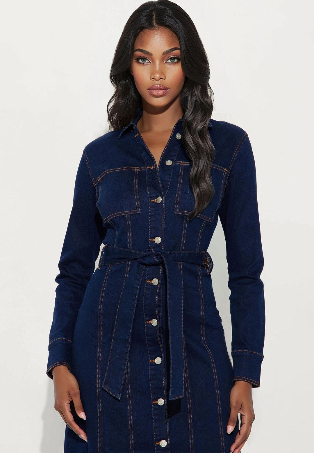 Vestido denim azul oscuro manga larga con botones