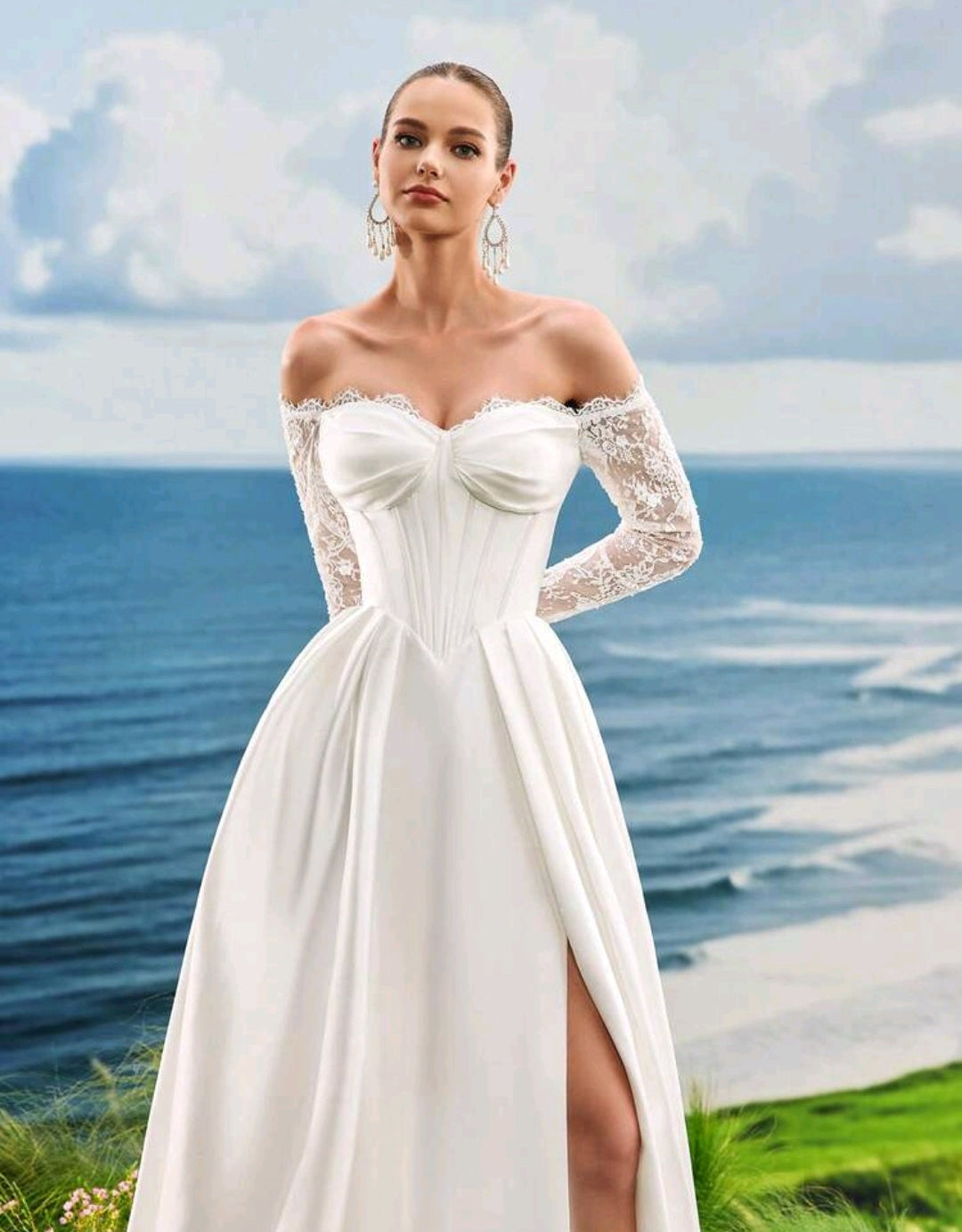 Vestido de Novia Satén con Corsé y Mangas de Encaje Off-the-Shoulder