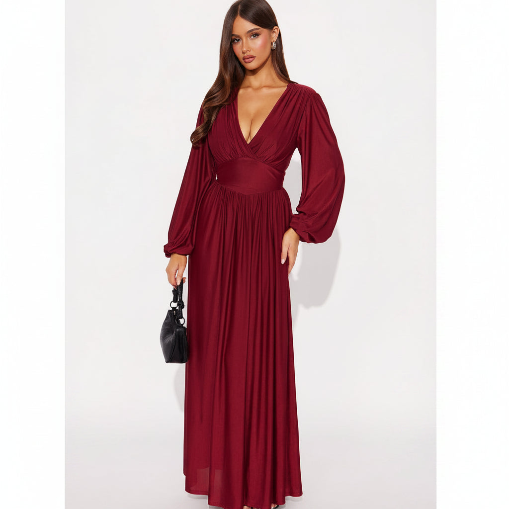 Vestido vino con escote pronunciado en V