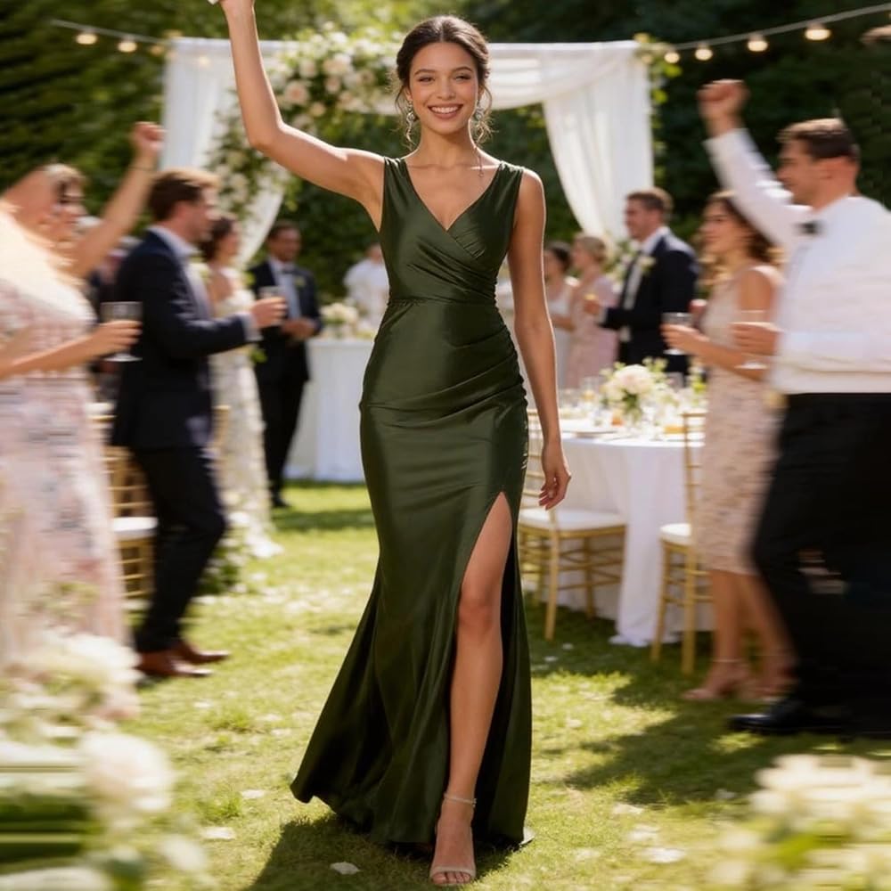 Vestido oliva licra fría con escote en V y abertura lateral