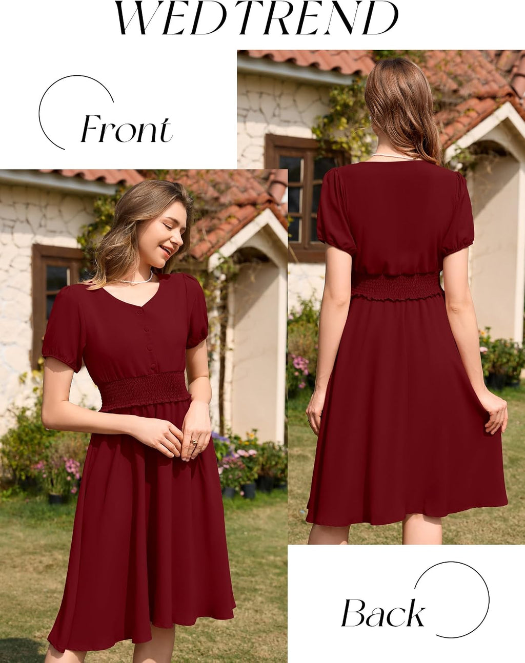 Vestido vino formal midi corte A manga corta