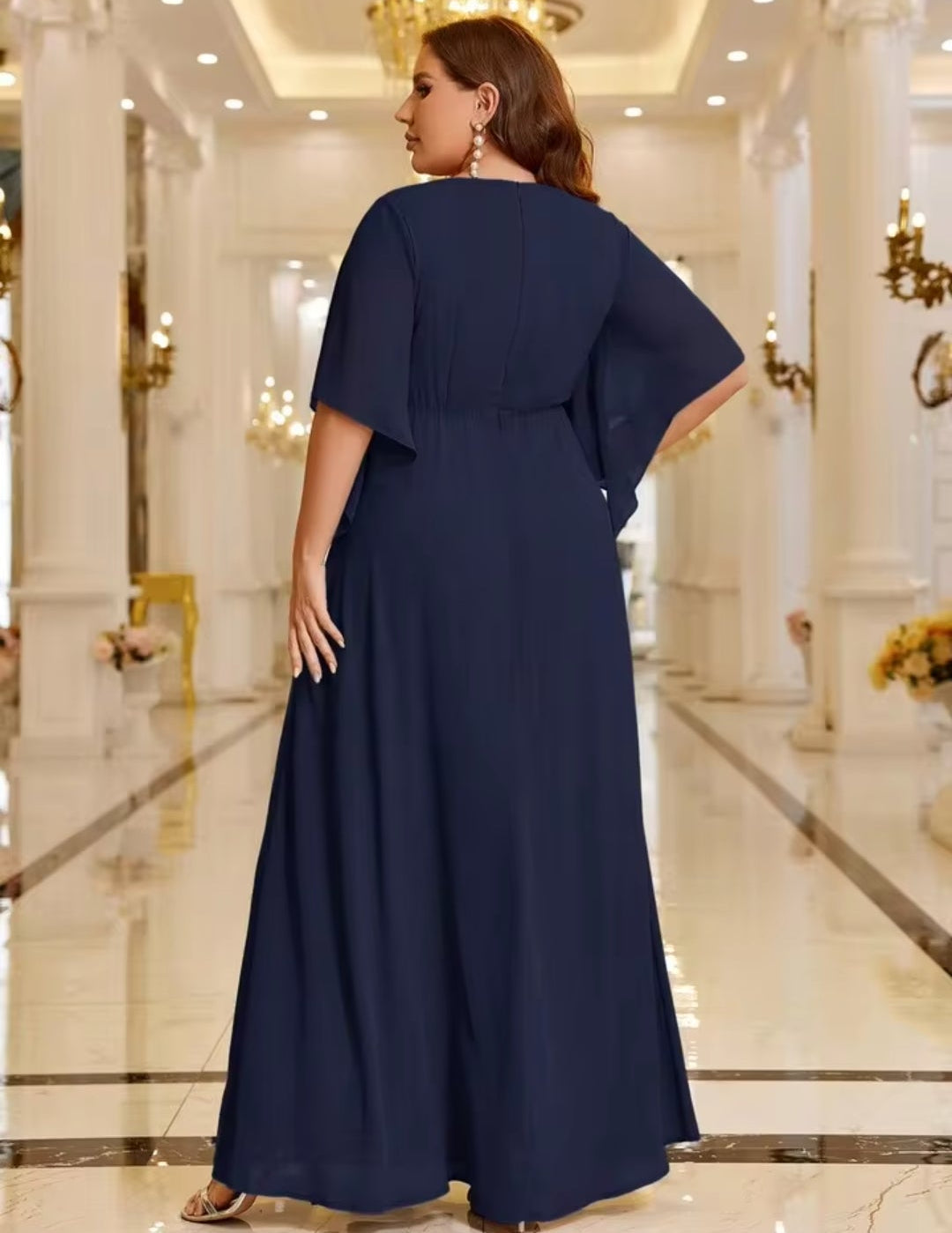 Vestido azul marino manga mariposa corte A con aplicación cintura