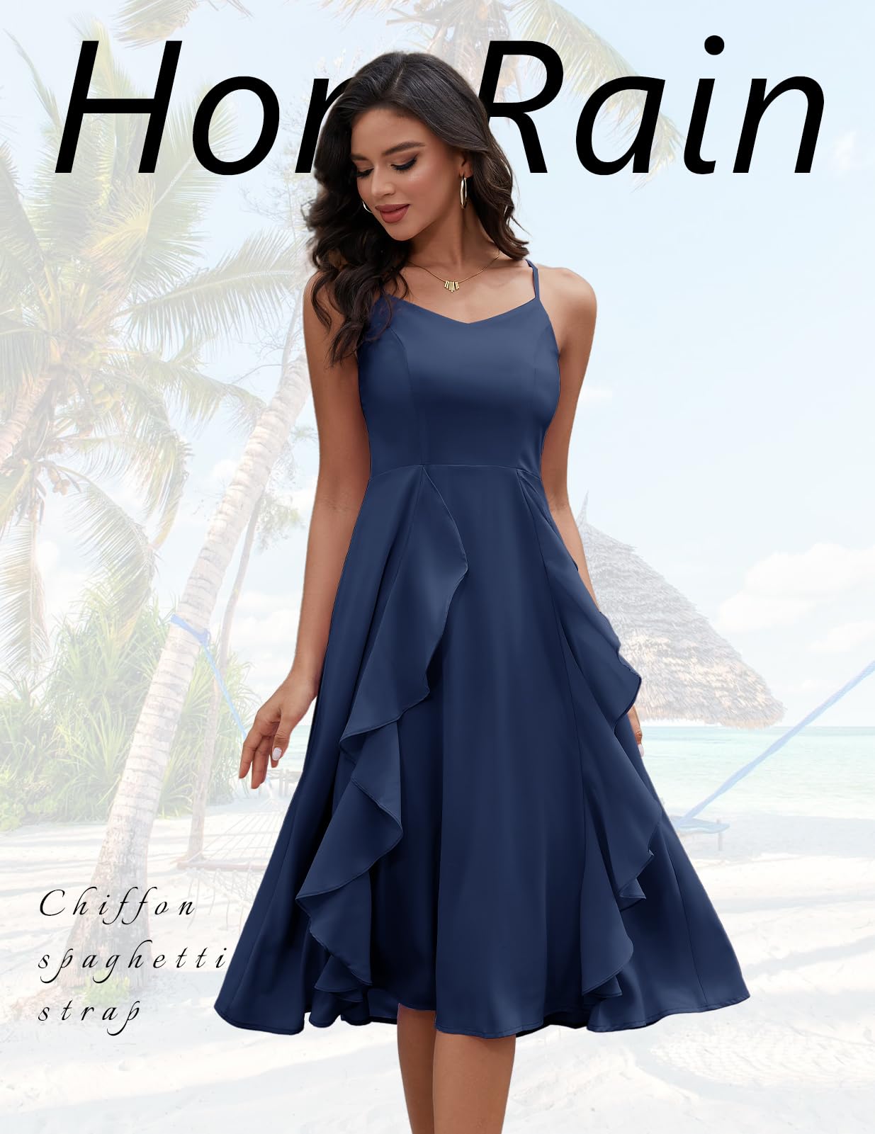 Vestido azul oscuro tirante delgado corte A formal midi