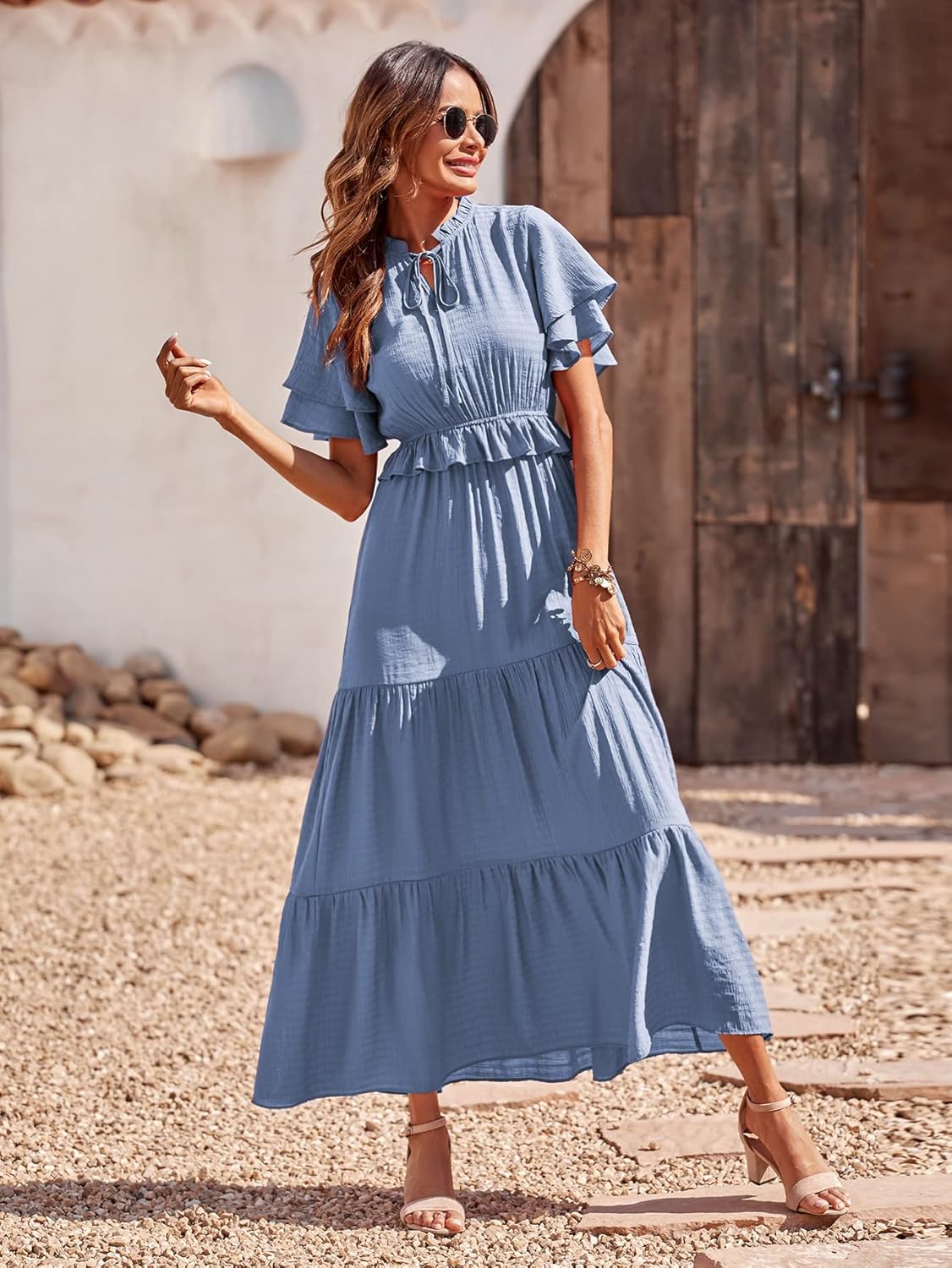 Vestido dusty blue manga corta