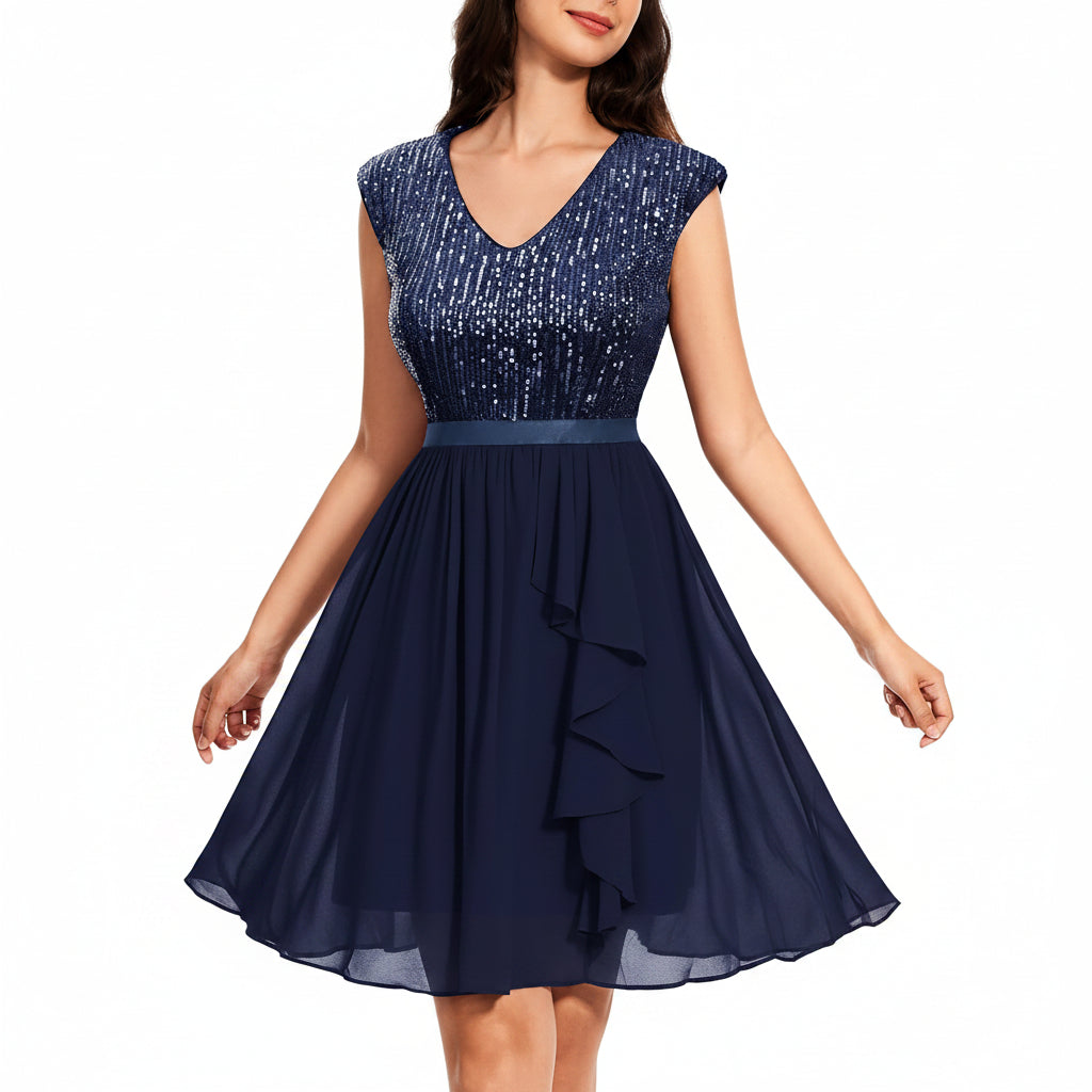 Vestido azul marino lentejuelas y falda chiffon