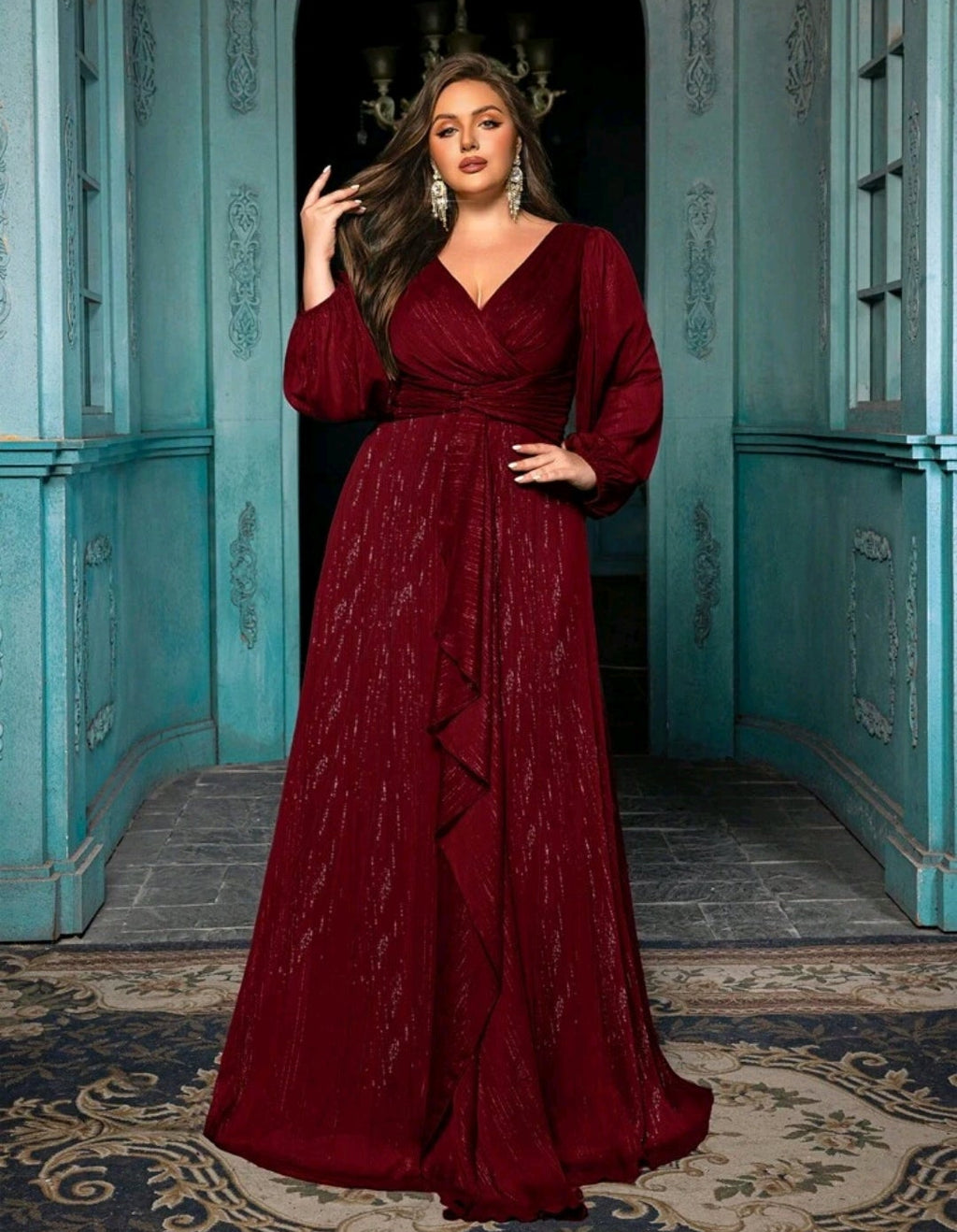 Vestido vino oscuro manga larga con brillo