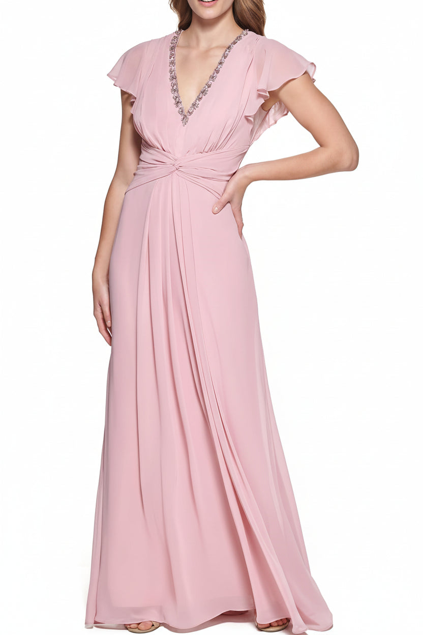 Vestido palo rosa formal con pedrería cuello V