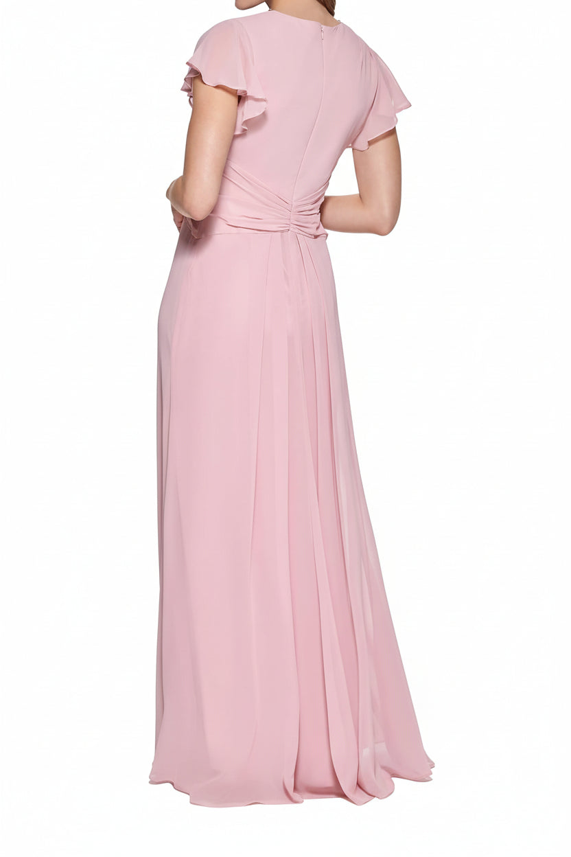 Vestido palo rosa formal con pedrería cuello V