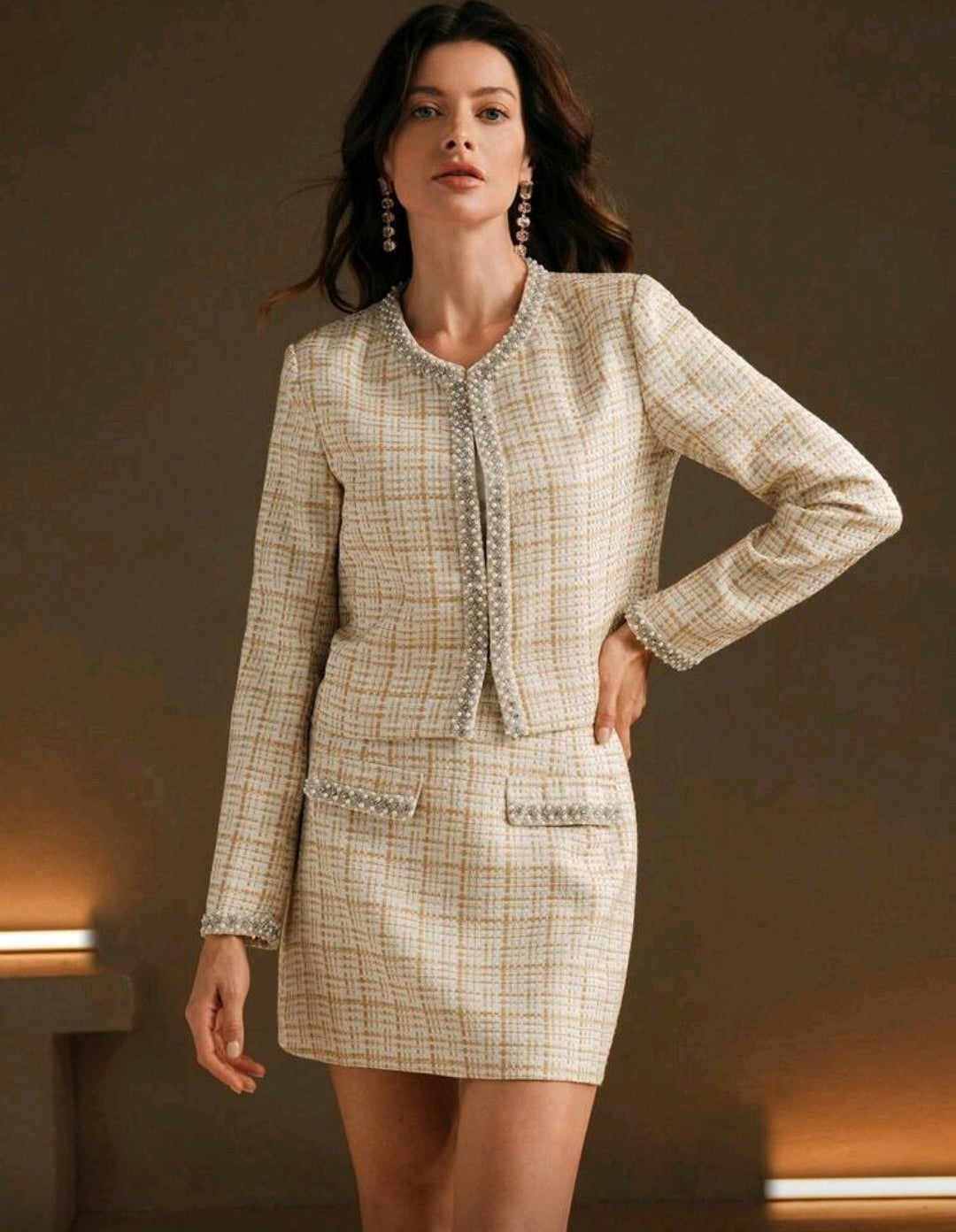 Conjunto 2 piezas saco y falda amarillo rayas