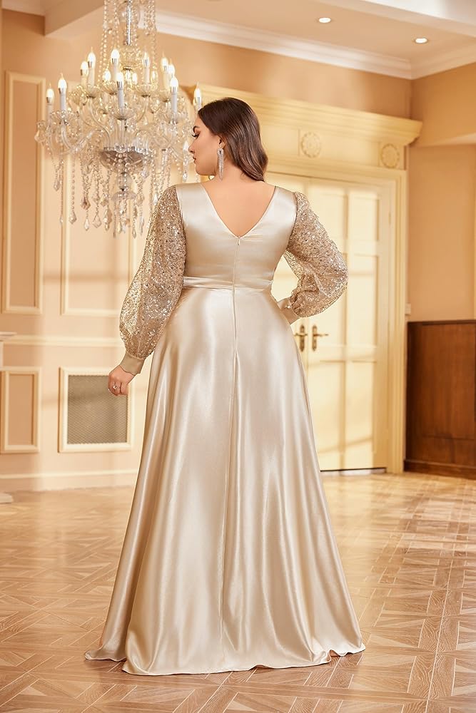 Vestido dorado champán manga larga de lentejuelas corte A