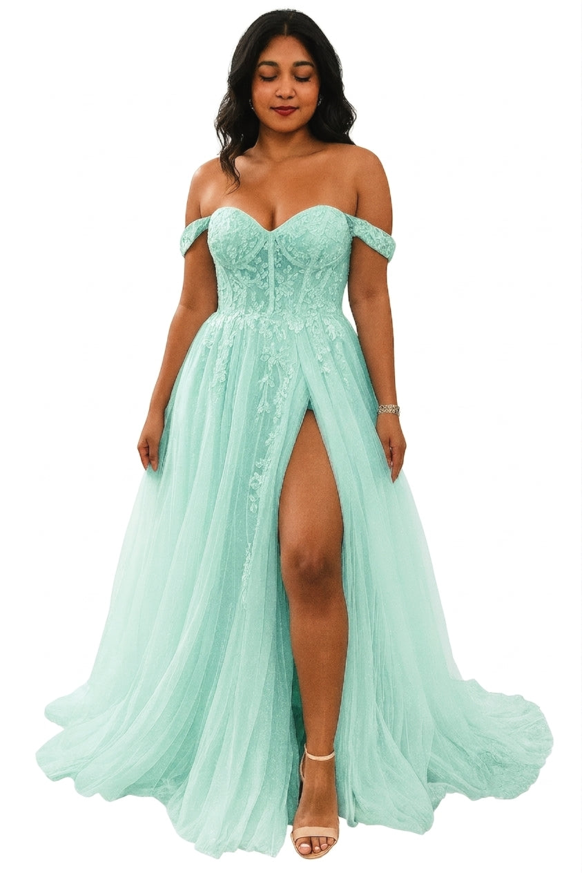 Vestido verde menta off-the-shoulder con abertura lateral de Tul con brillo
