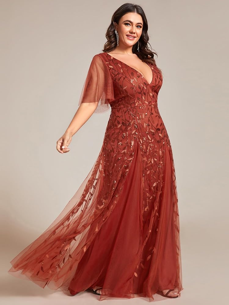 Vestido Terracota con escote en V aplicación lentejuelas hojas