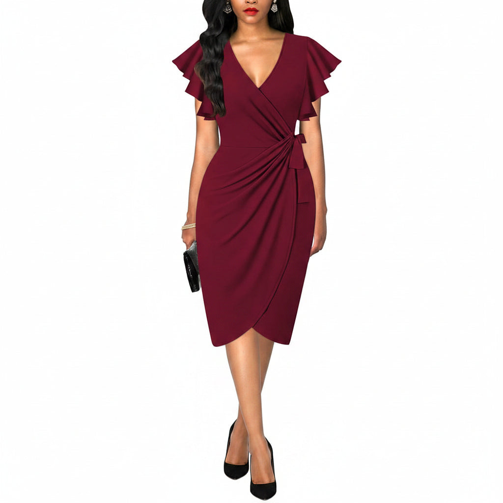 Vestido vino formal midi con escote en V