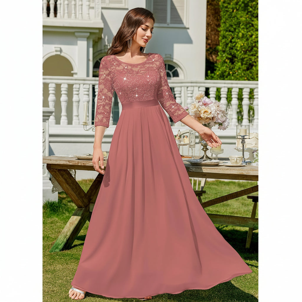 Vestido rosa canela encaje lentejuelas y falda chiffon