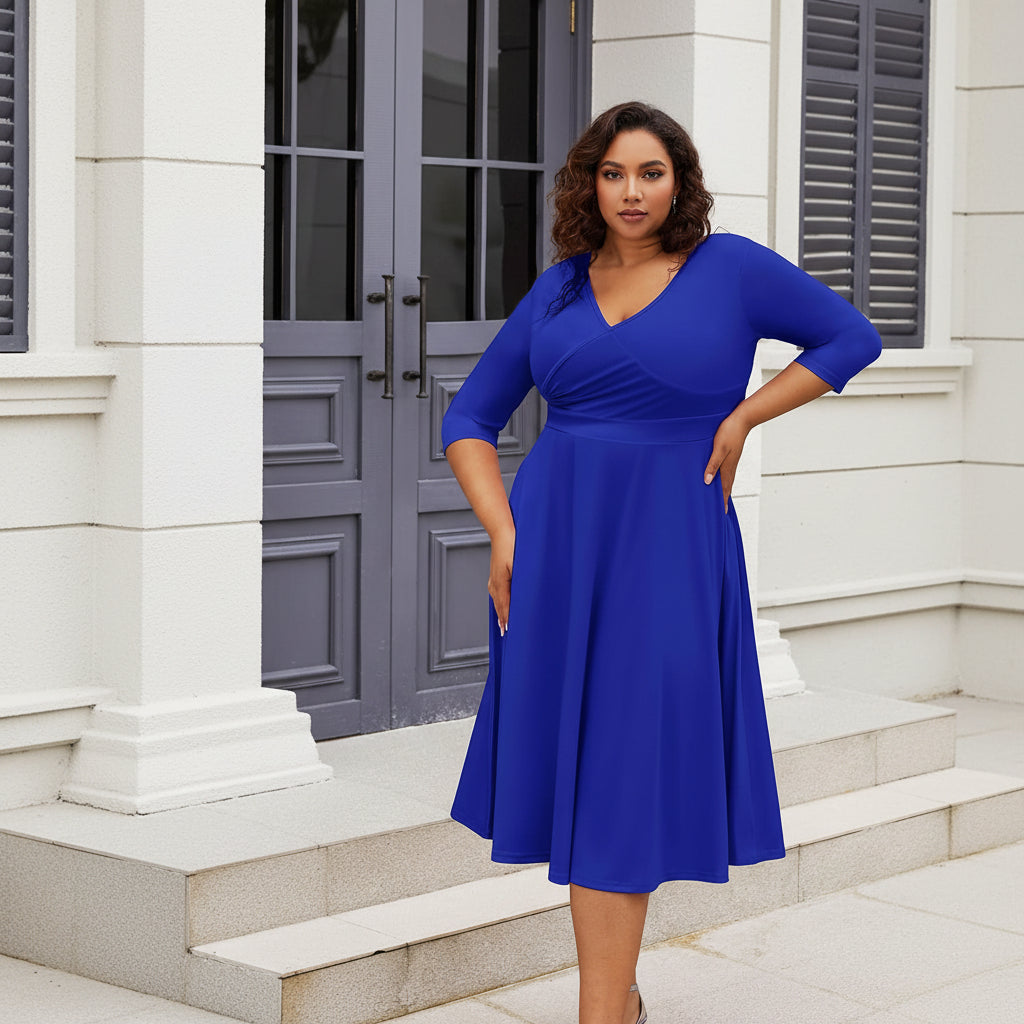 Vestido azul rey manga 3/4 midi
