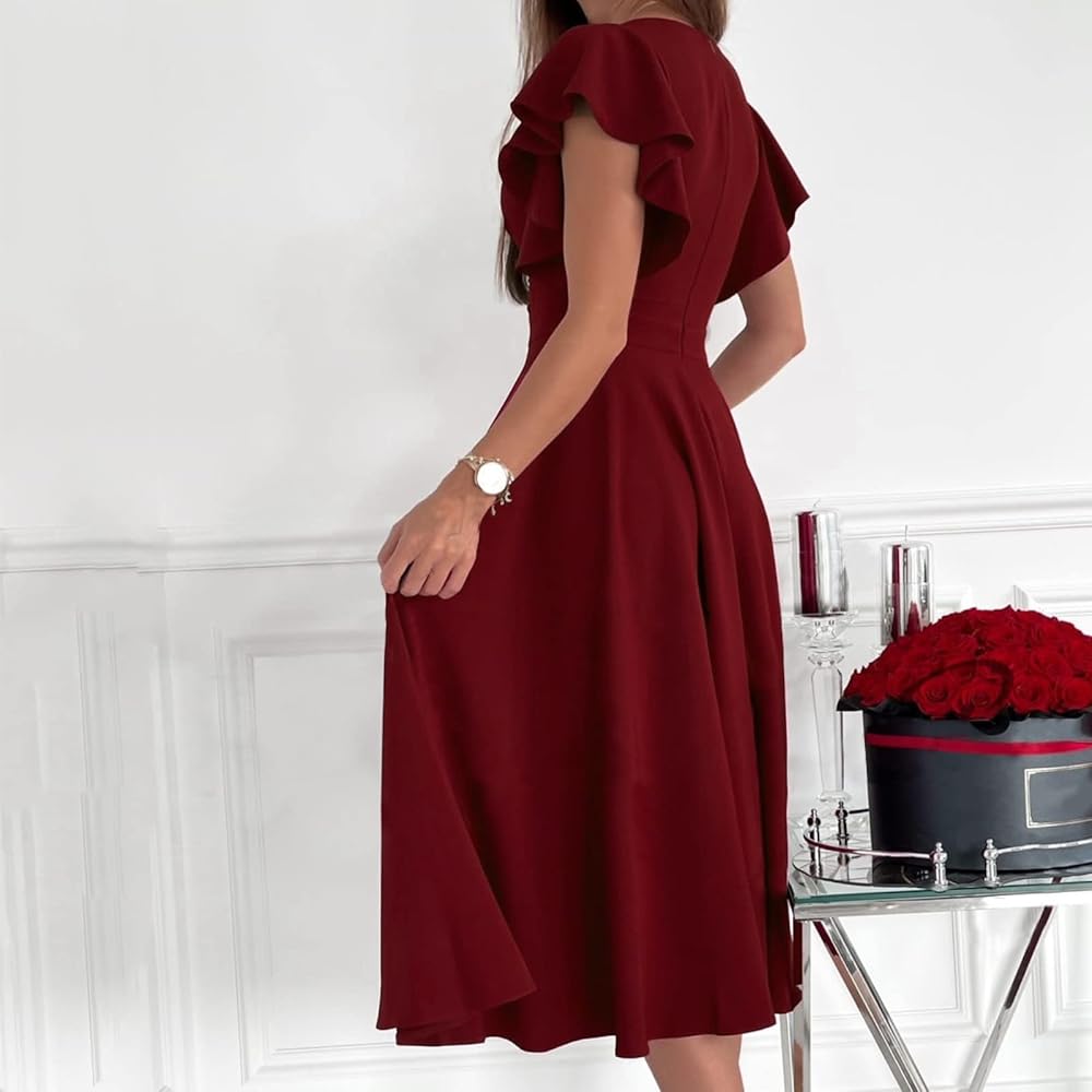 Vestido vino formal midi con escote en V