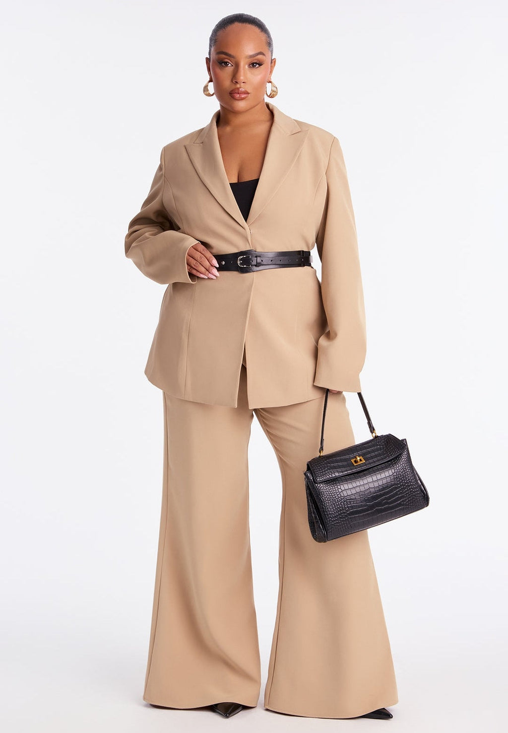Traje 2 piezas color taupe incluye faja negra