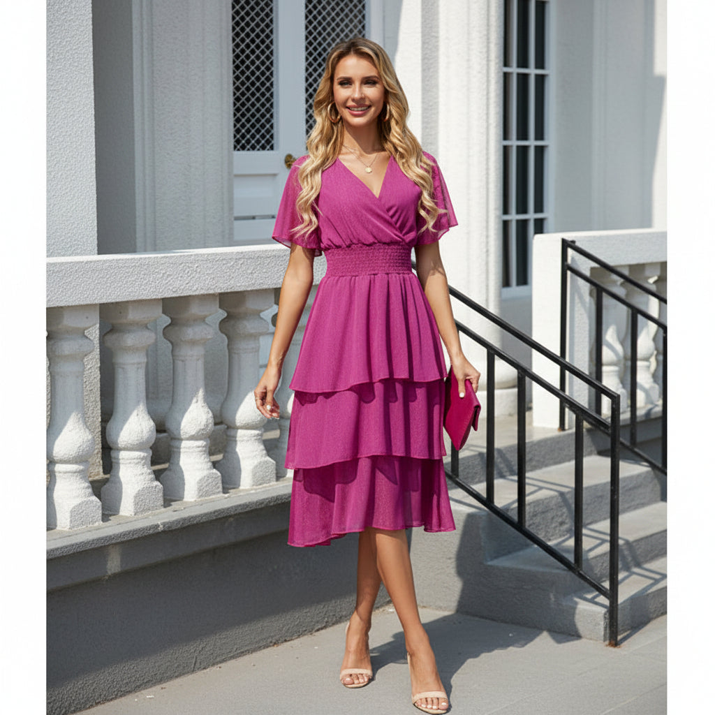 Vestido fucsia con capas y brillo manga corta