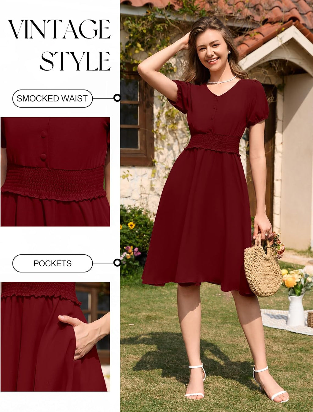 Vestido vino formal midi corte A manga corta