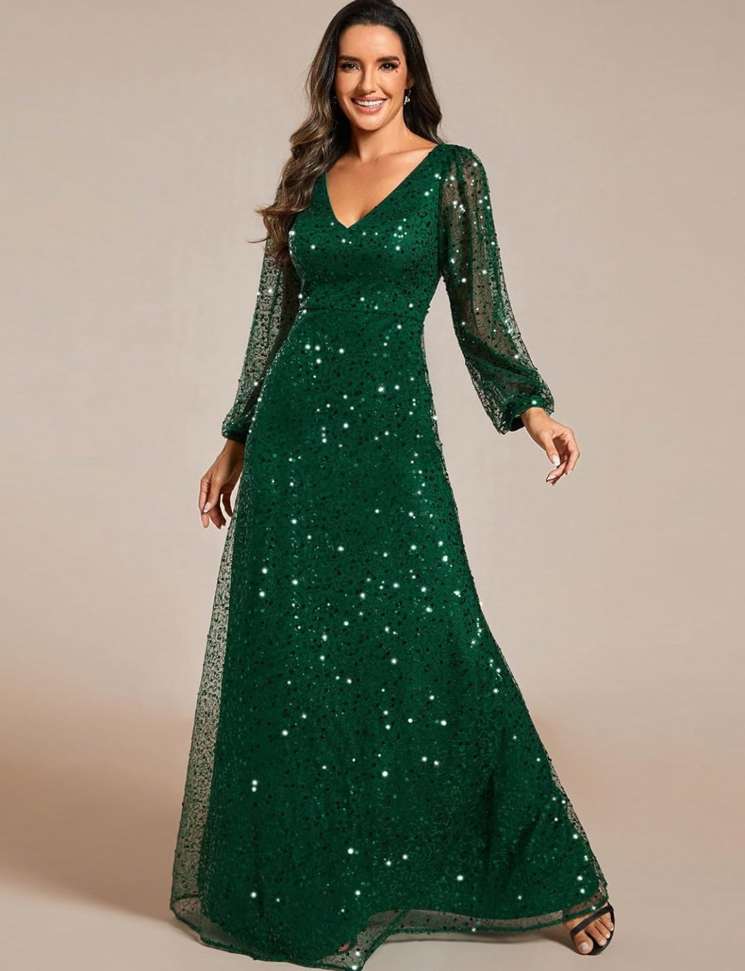 Vestido verde esmeralda lentejuelas manga larga con transparencia