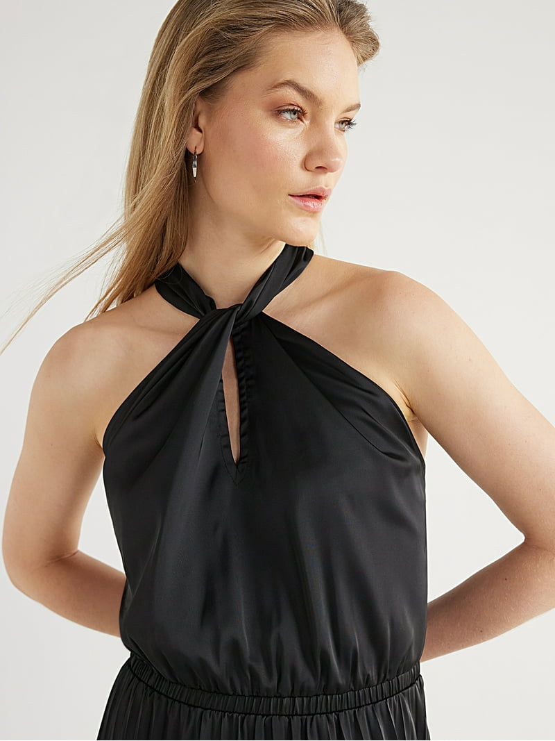 Vestido negro formal midi, falda plisada