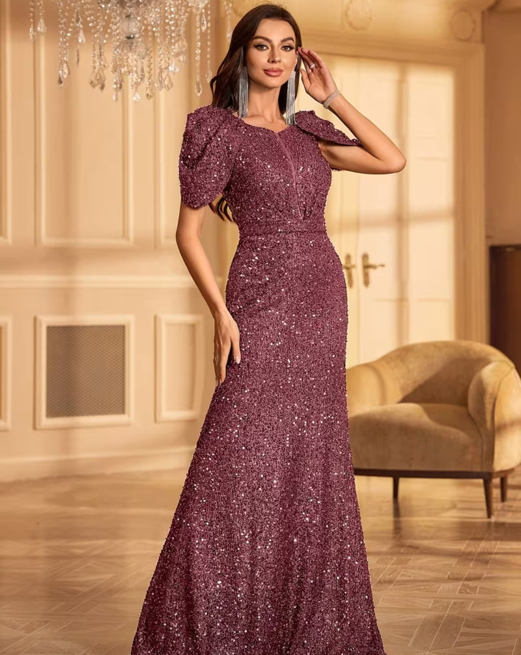 Vestido dusty pink oscuro corte recto lentejuelas
