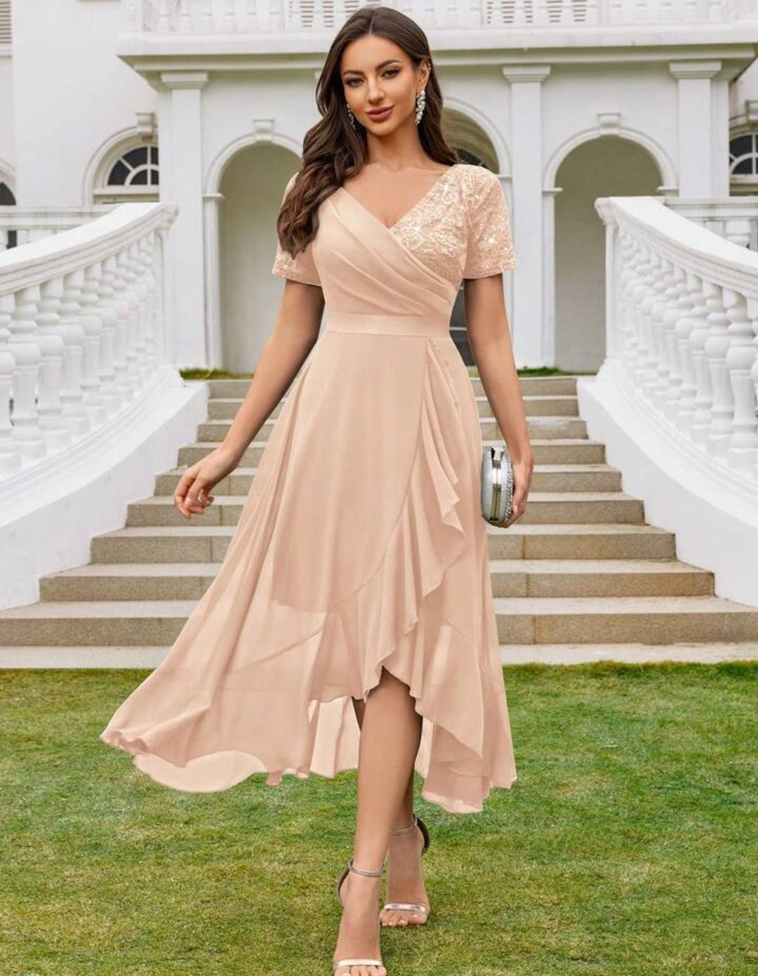 Vestido beige encaje lentejuelas manga corta
