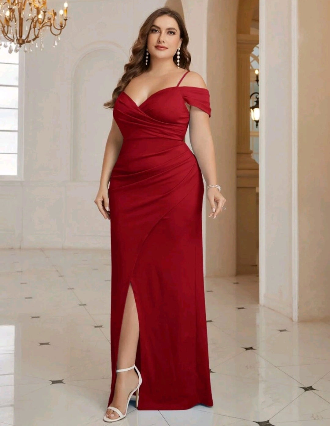 Vestido rojo cherry off-the-shoulder corte recto
